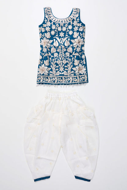 The Nesavu Girls Dothi Sets Royal Blue Embroidered Kurti Set with Dhoti Pants Nesavu Nesavu navy blue embroidered kurti dhoti pants  girls ethnic dress