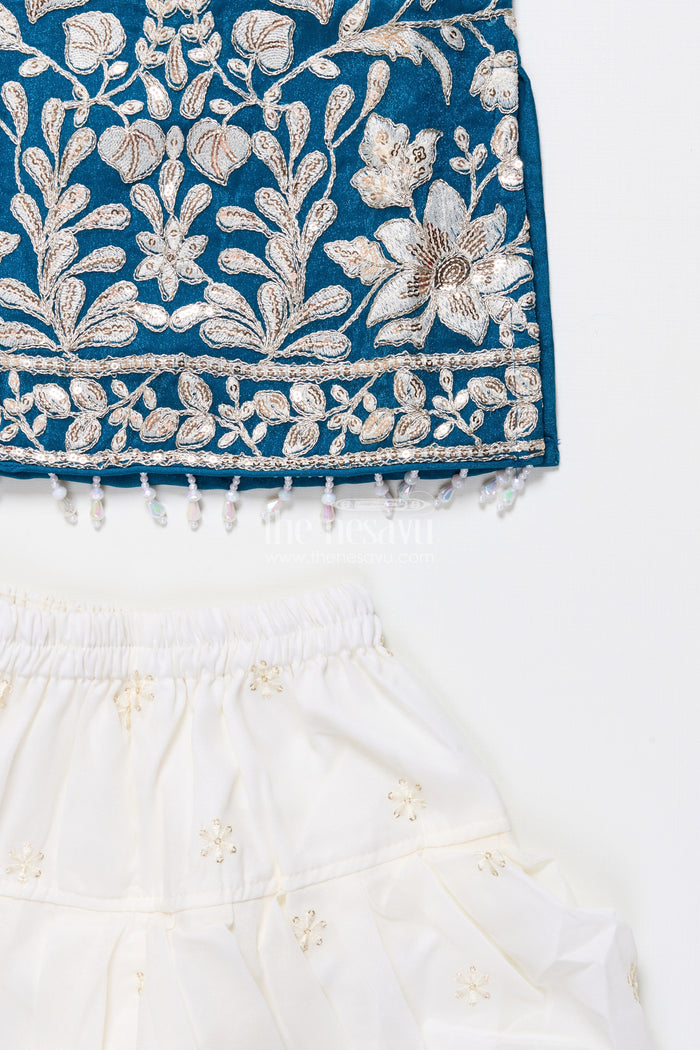 The Nesavu Girls Dothi Sets Royal Blue Embroidered Kurti Set with Dhoti Pants Nesavu Nesavu navy blue embroidered kurti dhoti pants  girls ethnic dress