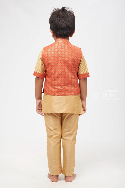 The Nesavu Boys Jacket Sets Ruby Radiance: Geometrically Inspired Red Overcoat Kurta & Soft Beige Pant Set for Boys Nesavu Latest Boys Kurta Collection | Elegant Ethnic Wear | The Nesavu