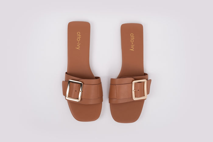 Aerial view of Ruby slider in Tan. A leather summer sandal available in women's larger sizes UK 8-12