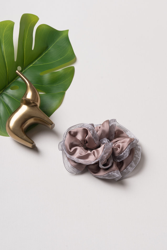 The Nesavu Scrunchies / Rubber Band Satin & Shimmer Hair Scrunchie - Taupe Elegance Nesavu Pink JHS17C Elegant Taupe Satin and Shimmer Scrunchie | Chic Elastic Hairband for Women | The Nesavu