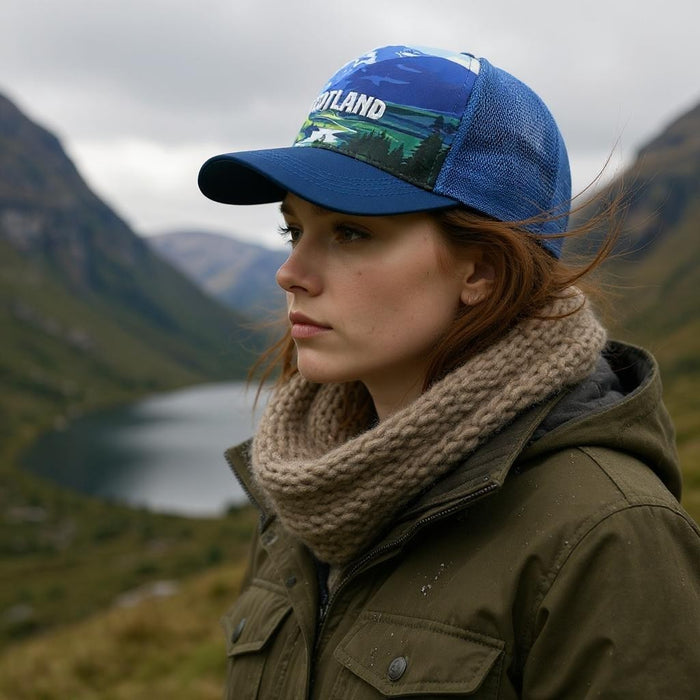 Big Country Scotland Mesh Trucker Cap with Scottish Highlands design and 3D embroidered Scotland text