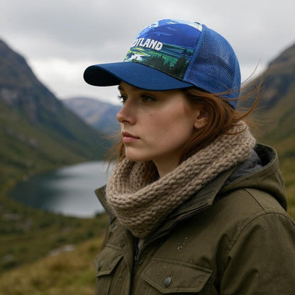 Big Country Scotland Mesh Trucker Cap with Scottish Highlands design and 3D embroidered Scotland text