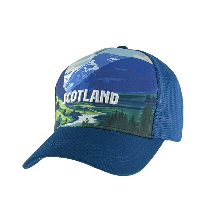 Big Country Scotland Mesh Trucker Cap with Scottish Highlands design on white studio background