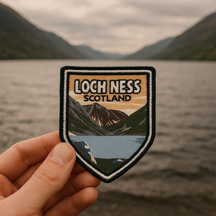 Big Country Loch Ness Adventure Shield Patch Held at Loch Ness Water