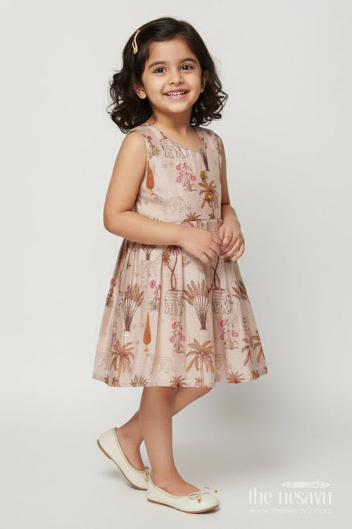 The Nesavu Silk Frock Semi Banaras Silk Frock for Baby Girl for Birthdays and Festive Photoshoots Nesavu 18 (2Y) / Cream SF1067B-18 Nesavu semi banaras silk frock for baby girl with jungle print for birthday and festive wear