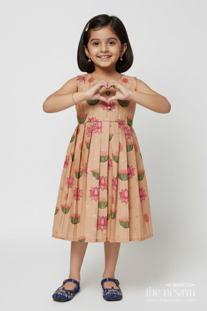 The Nesavu Silk Frock Semi Banaras Silk Frock for Baby Girl for Cultural Events and Ethnic School Day Nesavu 18 (2Y) / Yellow SF1092B-18 Nesavu semi banaras silk frock with lotus digital print for baby girls for ethnic school day