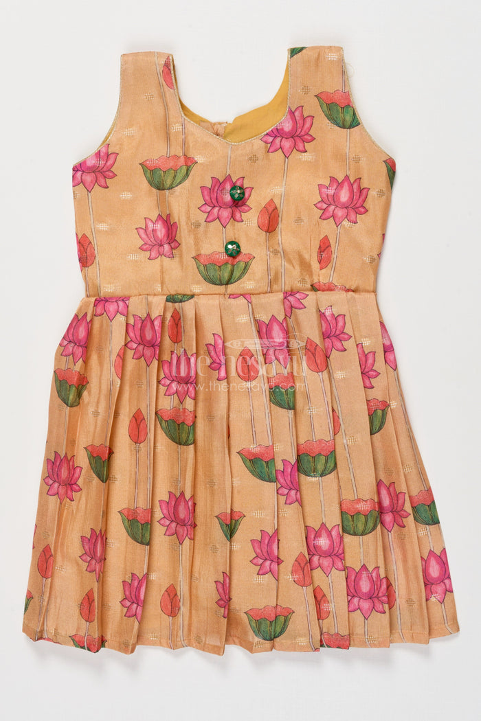 The Nesavu Silk Frock Semi Banaras Silk Frock for Baby Girl for Cultural Events and Ethnic School Day Nesavu 18 (2Y) / Yellow SF1092B-18 Nesavu semi banaras silk frock with lotus digital print for baby girls for ethnic school day
