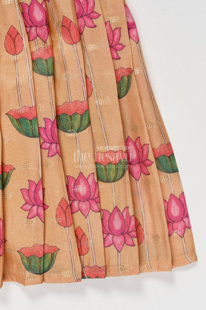 The Nesavu Silk Frock Semi Banaras Silk Frock for Baby Girl for Cultural Events and Ethnic School Day Nesavu Nesavu semi banaras silk frock with lotus digital print for baby girls for ethnic school day