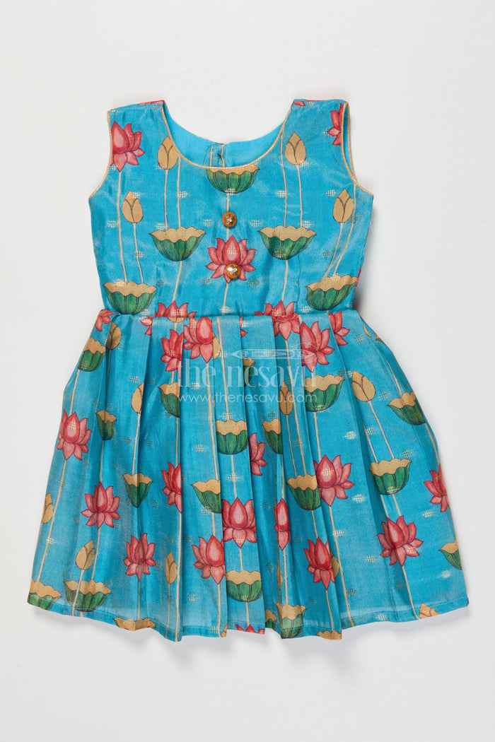 The Nesavu Silk Frock Semi Banaras Silk Frock for Girls for Temple Visits and Ethnic School Days Nesavu 18 (2Y) / Blue SF1092A-18 Nesavu girls semi banaras silk frock with lotus digital print for poojas and ethnic day at school