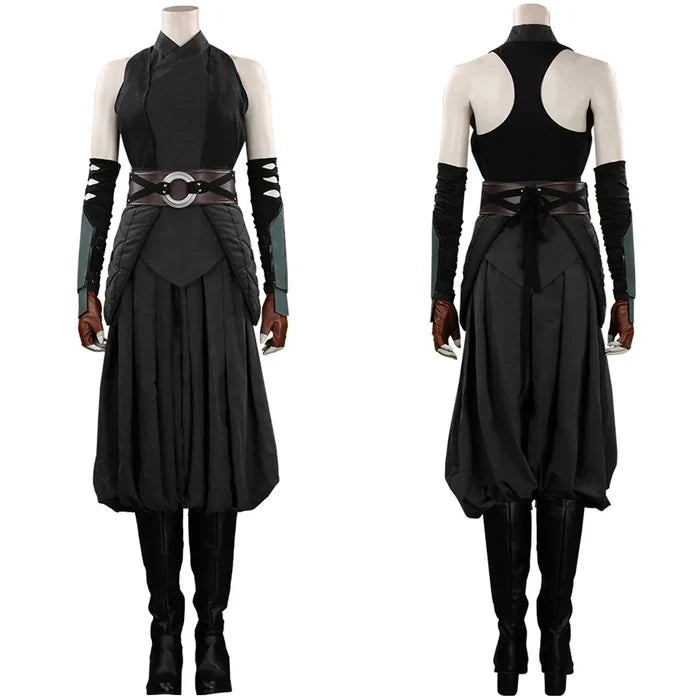 Black costume with long sleeves and belt on a mannequin against a white background