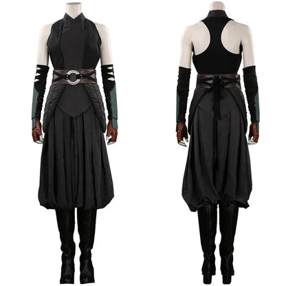 Black costume with long sleeves and belt on a mannequin against a white background