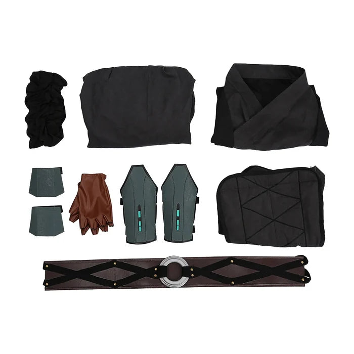 Collection of black and brown costume pieces on a white background