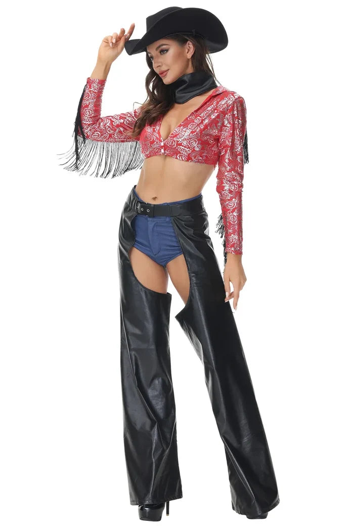 Person wearing a cowboy costume with a red top, black pants, and a black hat on a white background