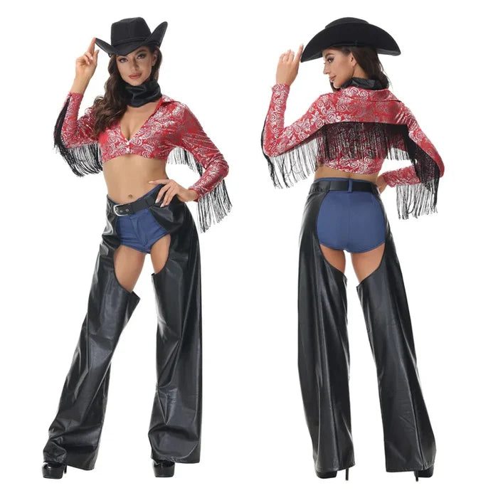 Woman in a cowboy costume with red fringed top, black leather pants, and blue shorts on a white background.