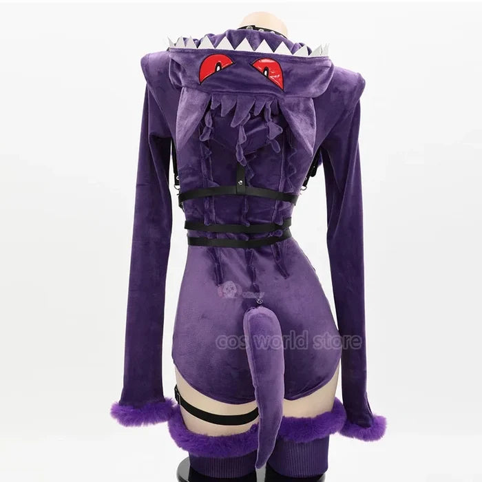Purple costume with animal-like design on a mannequin against a white background