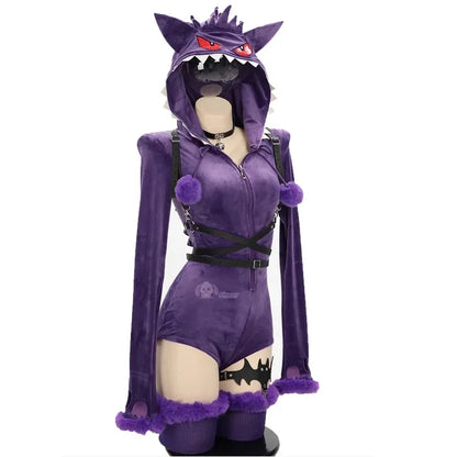 Purple costume with character design on a mannequin against a white background