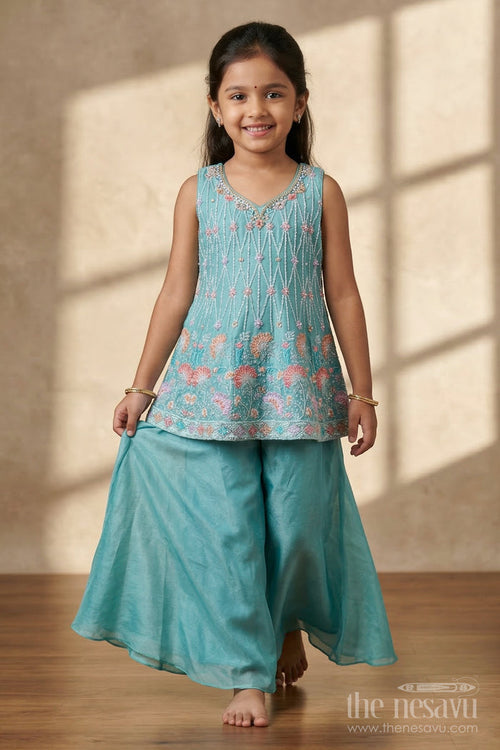 The Nesavu Girls Sharara / Plazo Set Sharara Set for Weddings and Festive Celebrations Nesavu 24 (5Y) / Green / Georgette GPS971A-24 Nesavu girls georgette sharara set with designer embroidered yoke for weddings