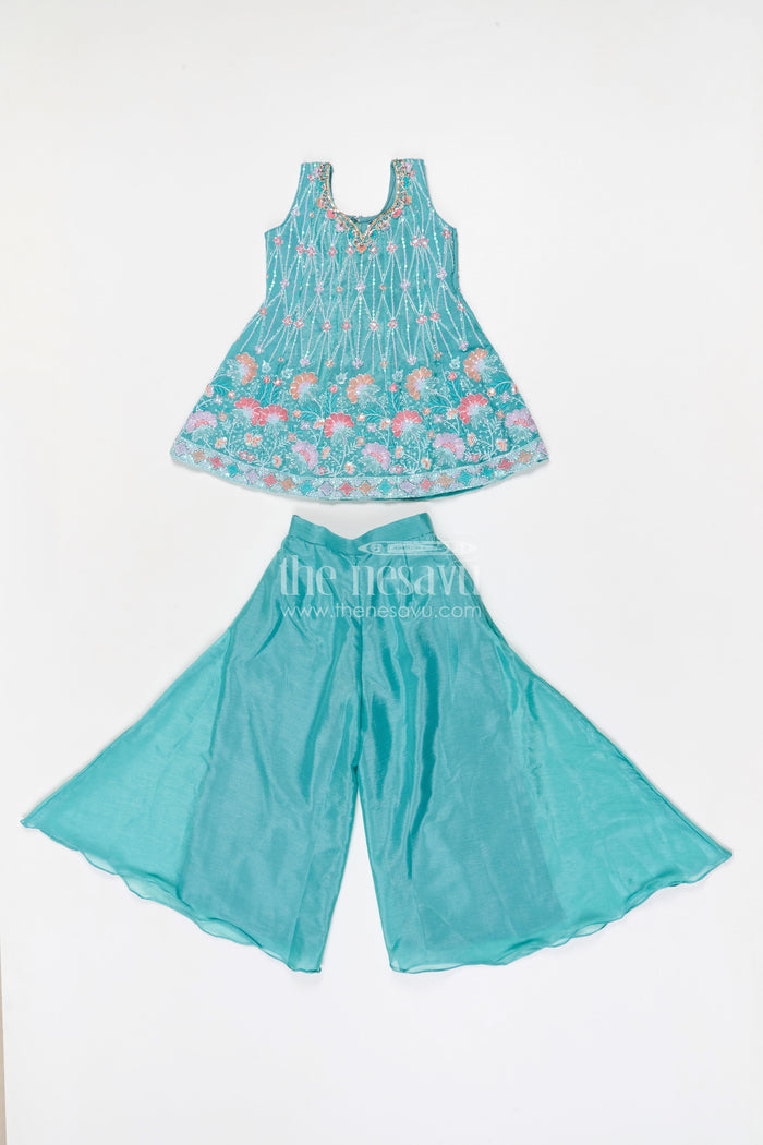The Nesavu Girls Sharara / Plazo Set Sharara Set for Weddings and Festive Celebrations Nesavu 24 (5Y) / Green / Georgette GPS971A-24 Nesavu girls georgette sharara set with designer embroidered yoke for weddings