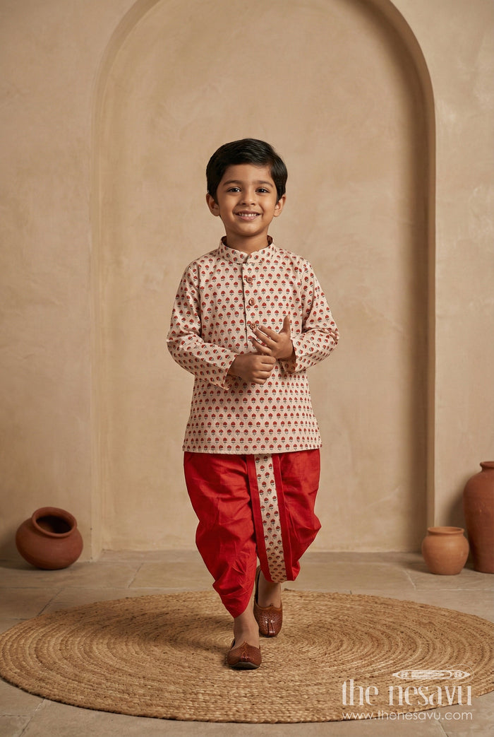 The Nesavu Boys Dothi Set Silk Dhoti Set for Boys Royal Wedding Motif Style Nesavu 12 (3M) / Red BES725A-12 Nesavu Boys Cream Red Dhoti Kurta Set Cotton Floral Print Cultural Celebrations