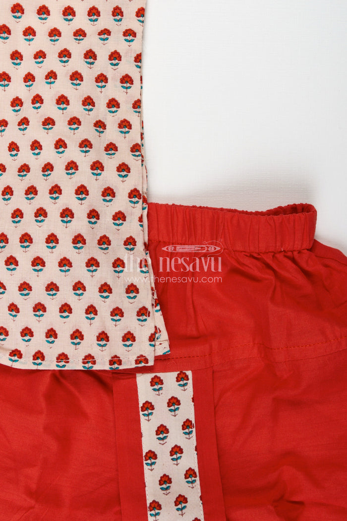 The Nesavu Boys Dothi Set Silk Dhoti Set for Boys Royal Wedding Motif Style Nesavu Nesavu Boys Cream Red Dhoti Kurta Set Cotton Floral Print Cultural Celebrations