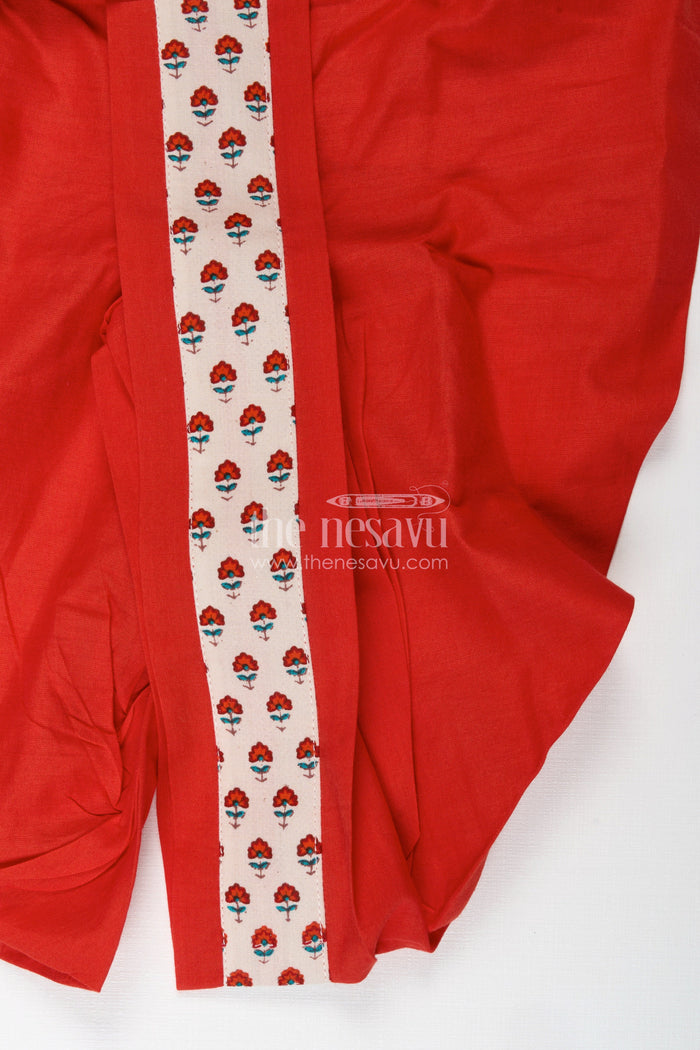 The Nesavu Boys Dothi Set Silk Dhoti Set for Boys Royal Wedding Motif Style Nesavu Nesavu Boys Cream Red Dhoti Kurta Set Cotton Floral Print Cultural Celebrations