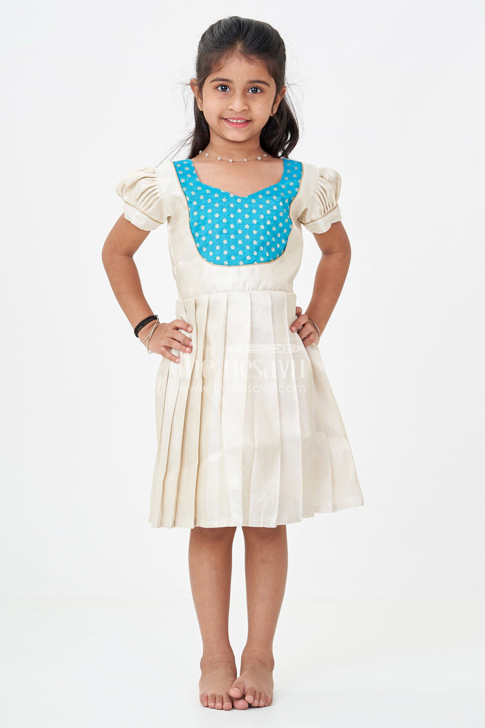 The Nesavu Silk Frock Silk Frock for Baby Girl in Ivory Tissue Silk with Emerald Embellished Yoke and Puff Sleeves Nesavu Nesavu Silk Frock Baby Girl Ivory Tissue Silk Emerald Embellished Yoke Puff Sleeves