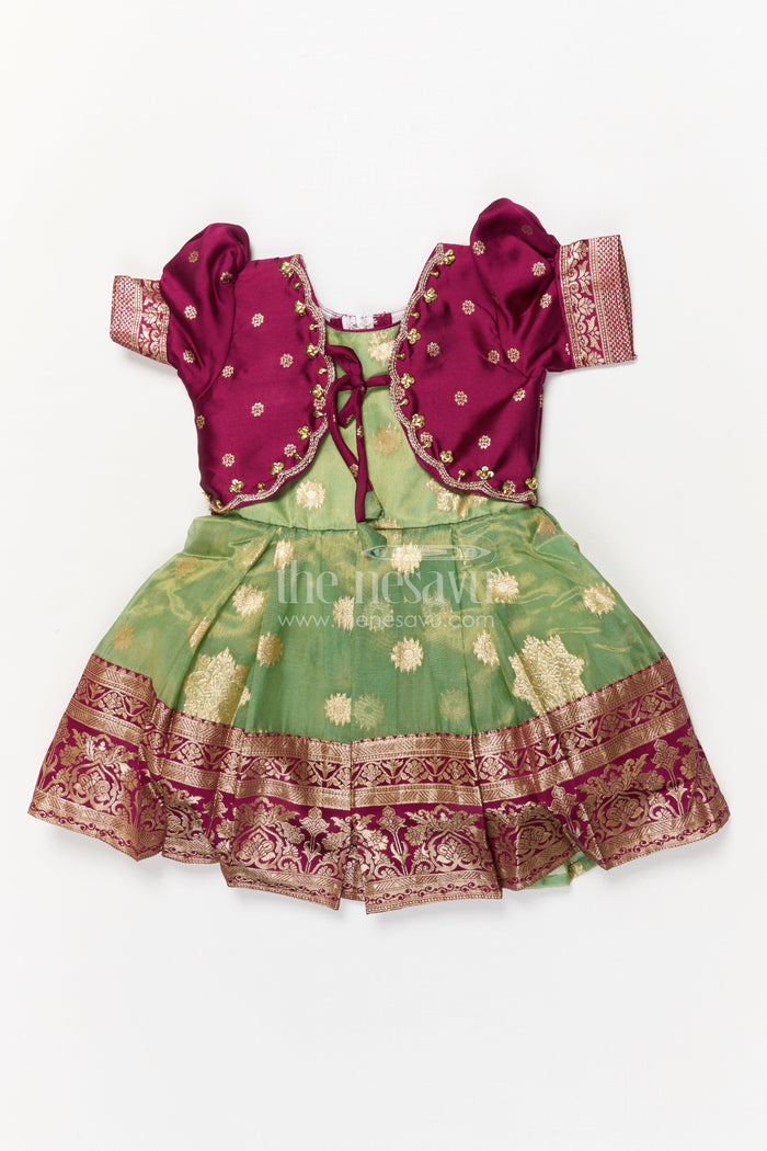 The Nesavu Silk Frock Silk Frock for Baby Girl’s First Festival or Family Function Nesavu 16 (1Y) / Green / Silk Blend SF1109A-16 Nesavu silk frock for baby girl with zari border – perfect for naming ceremony or festive occasions