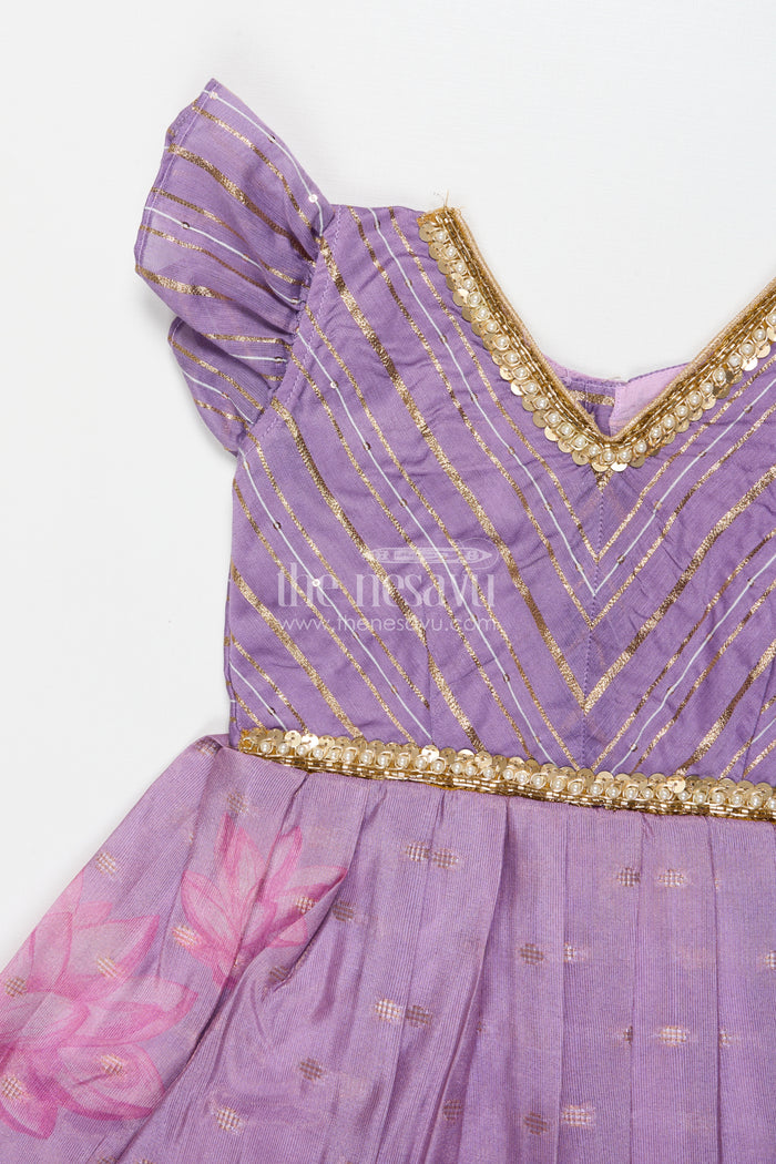 The Nesavu Silk Frock Silk Frock for Baby Girls for Cultural Events and Festive Dressing Nesavu Nesavu silk frock for baby girls with puff sleeves and lotus print – ideal for festive school events