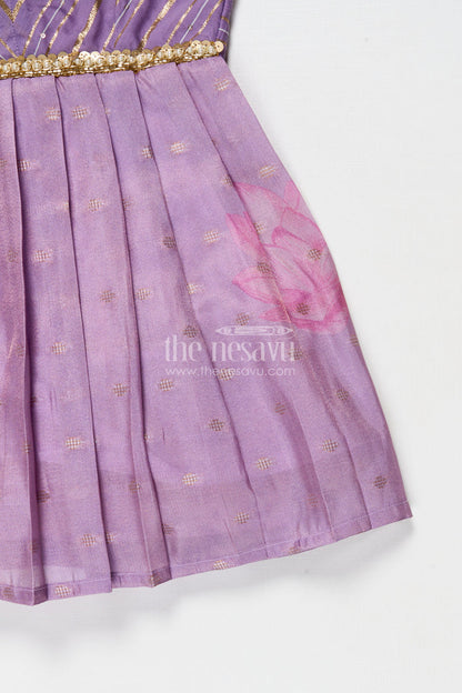 The Nesavu Silk Frock Silk Frock for Baby Girls for Cultural Events and Festive Dressing Nesavu Nesavu silk frock for baby girls with puff sleeves and lotus print – ideal for festive school events