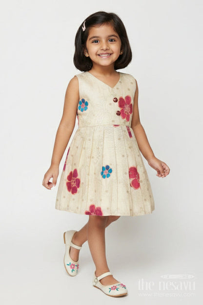 The Nesavu Silk Frock Silk Frock for Baby Girls for Festive Photos and Family Events Nesavu 18 (2Y) / Cream SF1097A-18 Nesavu baby girl silk frock with floral prints in Banaras art silk – great for festive portraits and family gatherings