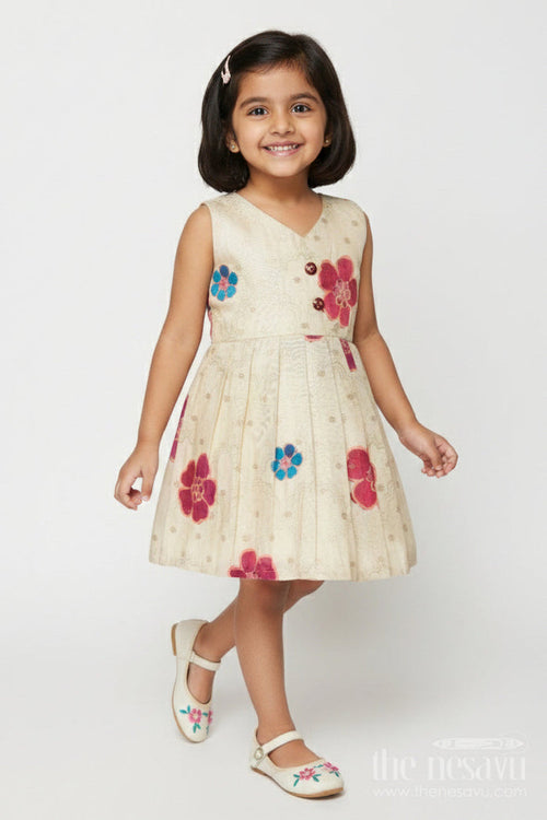 The Nesavu Silk Frock Silk Frock for Baby Girls for Festive Photos and Family Events Nesavu 18 (2Y) / Cream SF1097A-18 Nesavu baby girl silk frock with floral prints in Banaras art silk – great for festive portraits and family gatherings