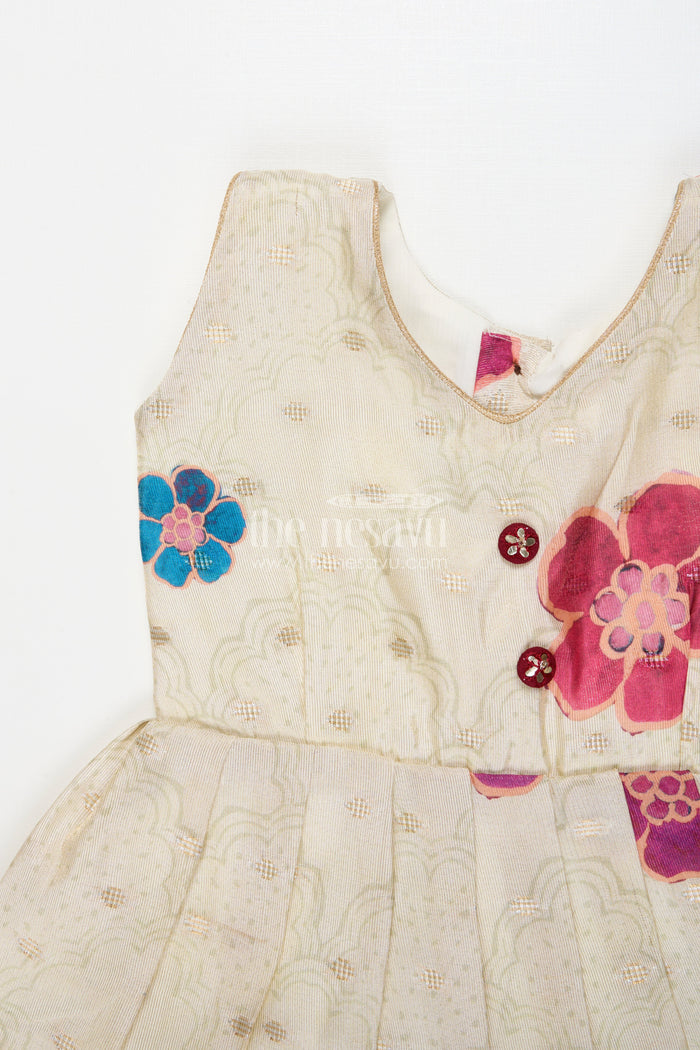 The Nesavu Silk Frock Silk Frock for Baby Girls for Festive Photos and Family Events Nesavu Nesavu baby girl silk frock with floral prints in Banaras art silk – great for festive portraits and family gatherings