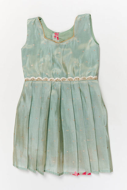 The Nesavu Silk Embroidered Frock Silk Frock for Baby Girls with Floral Detail for Festive and Casual Events Nesavu 18 (2Y) / Blue / Silk Blend SF1110A-18 Nesavu silk frock for baby girls with lotus digital print and embroidered waist – perfect for festive wear