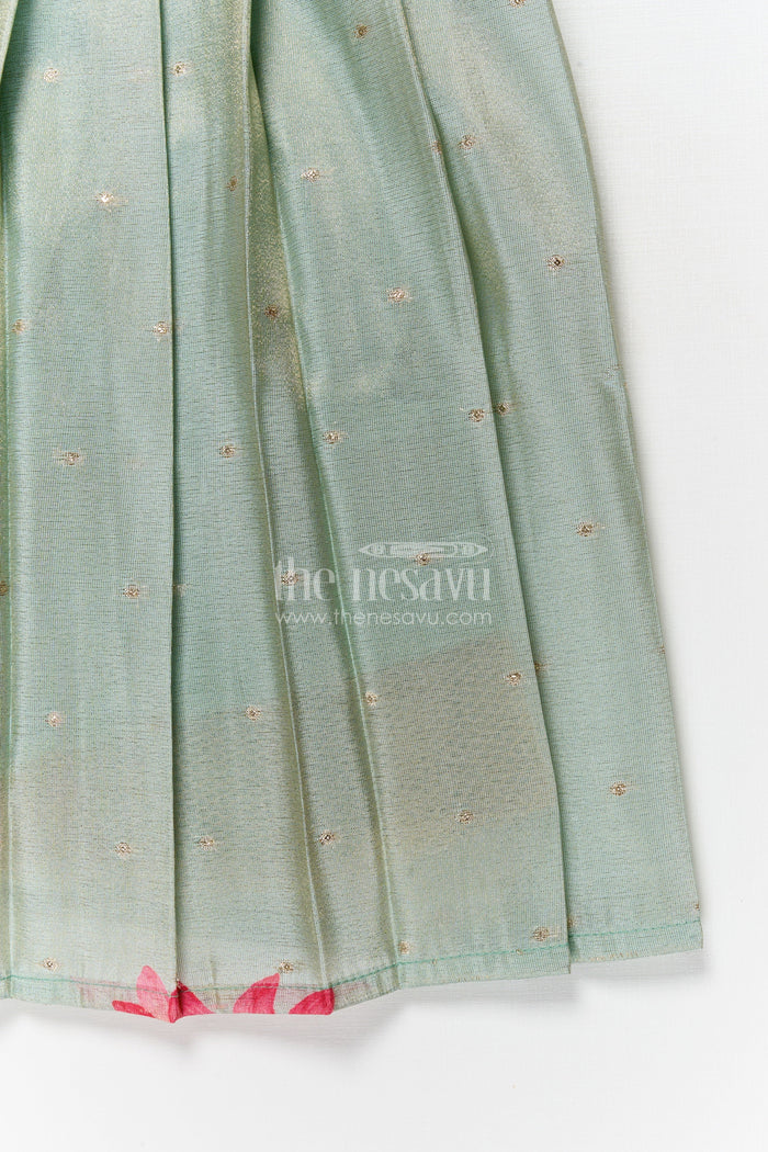 The Nesavu Silk Embroidered Frock Silk Frock for Baby Girls with Floral Detail for Festive and Casual Events Nesavu Nesavu silk frock for baby girls with lotus digital print and embroidered waist – perfect for festive wear