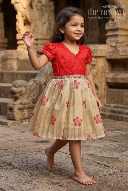 The Nesavu Silk Embroidered Frock Silk Frock for Baby Girls with Floral Prints for Birthday and Festive Wear Nesavu 16 (1Y) / Red / Silk Blend SF1111A-16 Nesavu silk frock for baby girls with digital floral prints and puff sleeves – perfect for birthdays and poojas