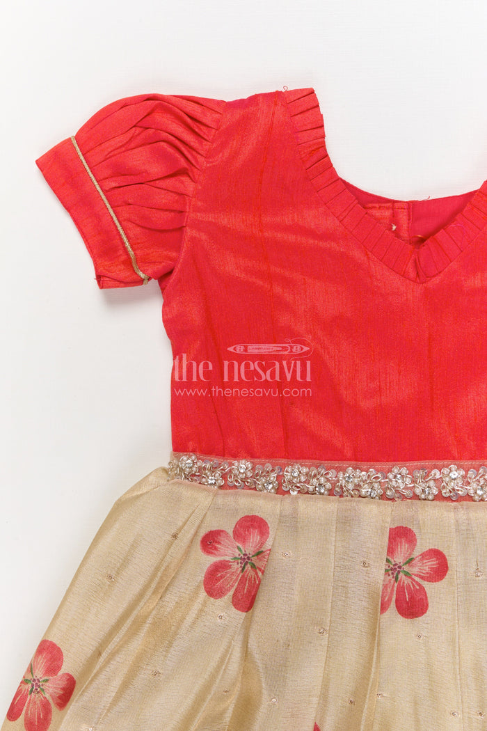 The Nesavu Silk Embroidered Frock Silk Frock for Baby Girls with Floral Prints for Birthday and Festive Wear Nesavu Nesavu silk frock for baby girls with digital floral prints and puff sleeves – perfect for birthdays and poojas
