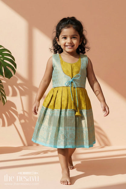 The Nesavu Girls Kanchi Silk Frock Silk Frock for Toddler Girls with Jacquard Kanchivaram Saree Inspired Festive Design Nesavu 10 (NB) / Yellow / style 1 KSF029CA-10 Nesavu toddler girl silk frock with jacquard Kanchivaram inspired zari borders for festive and traditional wear