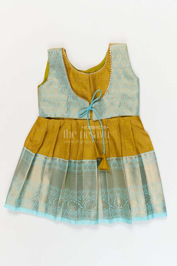 The Nesavu Girls Kanchi Silk Frock Silk Frock for Toddler Girls with Jacquard Kanchivaram Saree Inspired Festive Design Nesavu 10 (NB) / Yellow / style 1 KSF029CA-10 Nesavu toddler girl silk frock with jacquard Kanchivaram inspired zari borders for festive and traditional wear