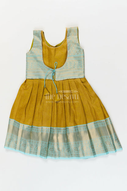 The Nesavu Girls Kanchi Silk Frock Silk Frock for Toddler Girls with Jacquard Kanchivaram Saree Inspired Festive Design Nesavu 10 (NB) / Yellow / style 2 KSF029CB-10 Nesavu toddler girl silk frock with jacquard Kanchivaram inspired zari borders for festive and traditional wear