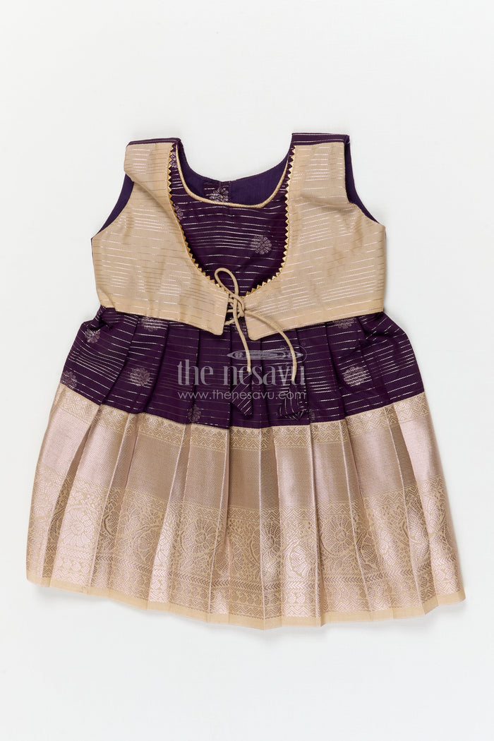 The Nesavu Girls Kanchi Silk Frock Silk Frock for Toddler Girls with Kanchivaram Saree Inspired Festive Design Nesavu 10 (NB) / Blue / style 2 KSF007AB-10 Nesavu toddler girl festive silk frock with Kanchivaram saree inspired zari butta and border detailing