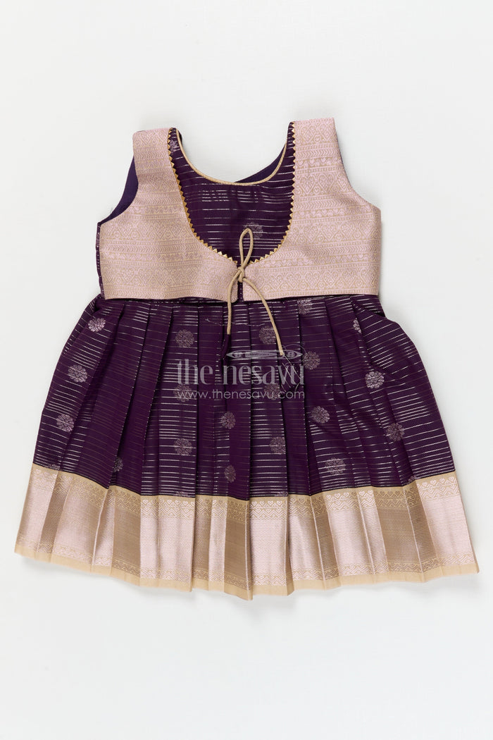 The Nesavu Girls Kanchi Silk Frock Silk Frock for Toddler Girls with Kanchivaram Saree Inspired Festive Design Nesavu 10 (NB) / Blue / style 3 KSF007AC-10 Nesavu toddler girl festive silk frock with Kanchivaram saree inspired zari butta and border detailing