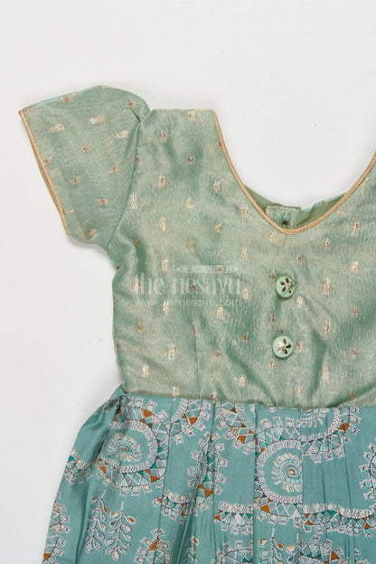 The Nesavu Girls Silk Gown Silk Gown for Girls for Temple Visits and Traditional Gatherings Nesavu Nesavu girls silk gown with tissue silk yoke and mandala prints for poojas and temple visits