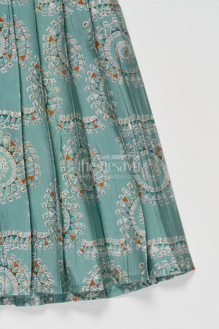 The Nesavu Girls Silk Gown Silk Gown for Girls for Temple Visits and Traditional Gatherings Nesavu Nesavu girls silk gown with tissue silk yoke and mandala prints for poojas and temple visits