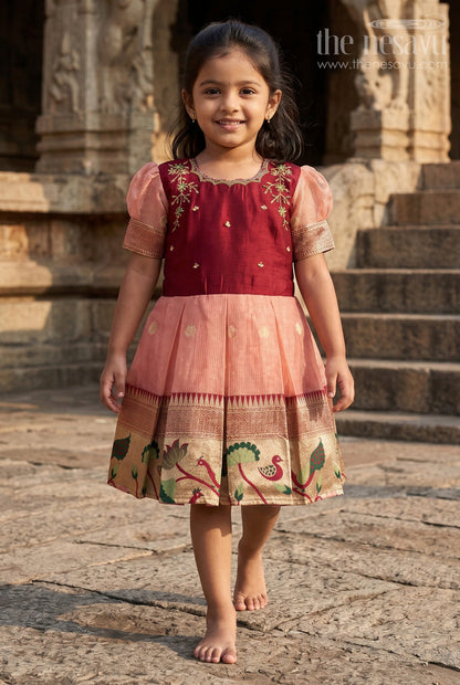 The Nesavu Silk Party Frock Silk Party Frock for Baby Girls for Birthday and Traditional Events Nesavu 16 (1Y) / Peach / Silk Blend SF1118A-16 Nesavu silk frock for baby girls with traditional woven pleats and floral embroidery