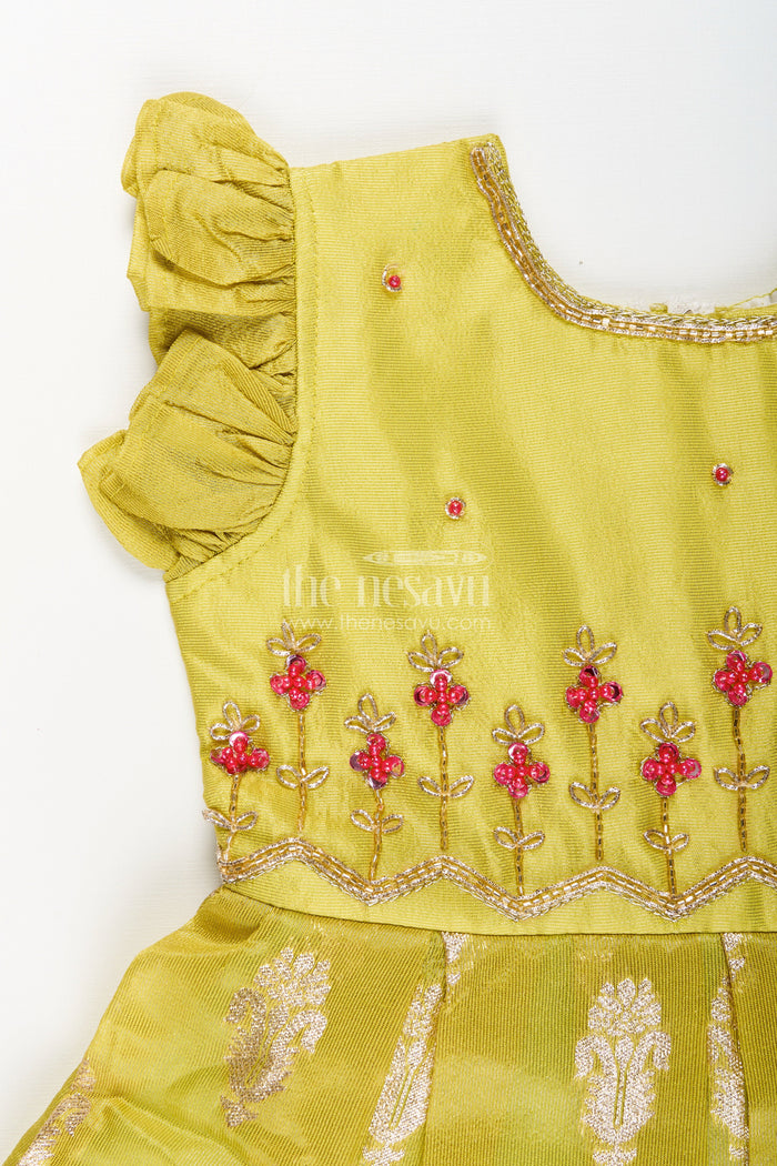 The Nesavu Silk Party Frock Silk Party Frock for Baby Girls with Zari Border and Floral Work Nesavu Nesavu silk party frock baby girls zari border embroidered yoke  festive ready