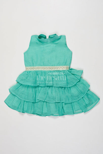 The Nesavu Girls Cotton Frock Sleeveless Baby Girl Frock with Ruffle Layers for Birthdays and Twirling Fun Nesavu 18 (2Y) / Green GFC2019A-18 Nesavu sleeveless cotton frock for baby girls with layered ruffles and festive waistband