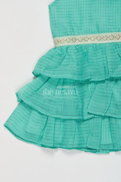The Nesavu Girls Cotton Frock Sleeveless Baby Girl Frock with Ruffle Layers for Birthdays and Twirling Fun Nesavu Nesavu sleeveless cotton frock for baby girls with layered ruffles and festive waistband