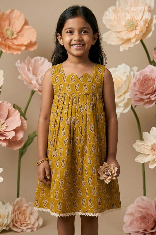 Sleeveless Cotton Frock for Girls with Yellow Paisley Print