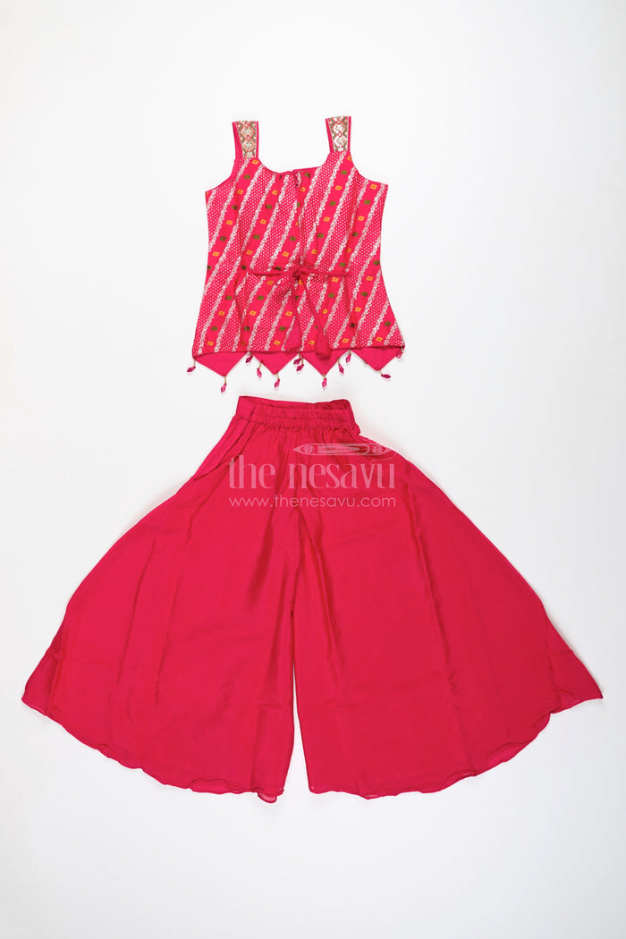 The Nesavu Girls Sharara / Plazo Set Sleeveless flared plazo set with mirror embroidered top – festive ethnic look for girls Nesavu Mirror embroidered plazo set girls  festive ethnic wear Nesavu